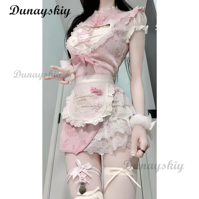 2025 New Chinese Style Pink Qipao Maid Dress - Modern Cheongsam Cosplay Sexy Costume Halloween Conventions