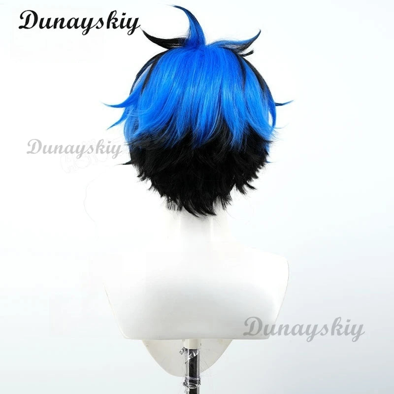 The Hundred Line Yugamu Omokage Cosplay Wig Blue Black Short Hair Last Defense Academy Halloween Party for Women Men Carnival