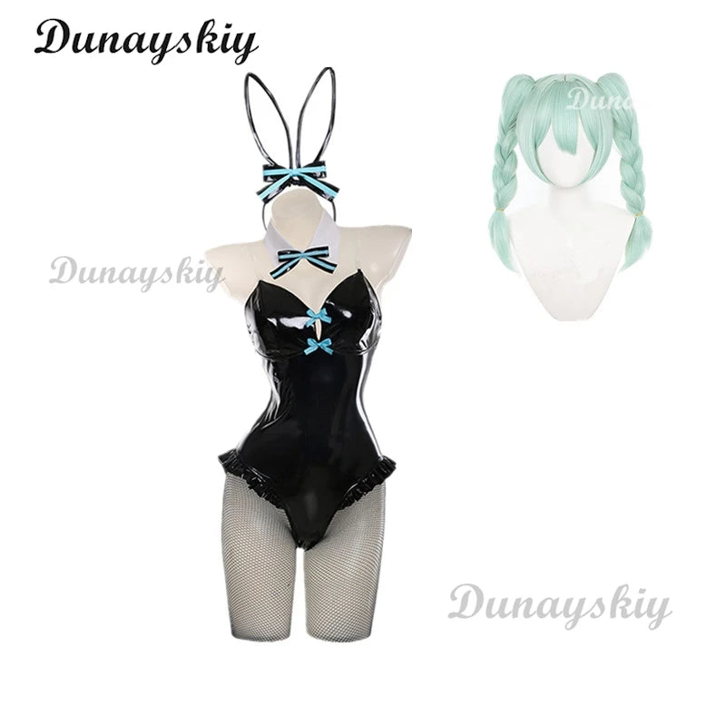 Anime Chuyin Rabbit Cosplay hole Black Leather Bunny Girl Sexy Cute Halloween Cosplay Costume Headdresses Clothes Bows girl Wig