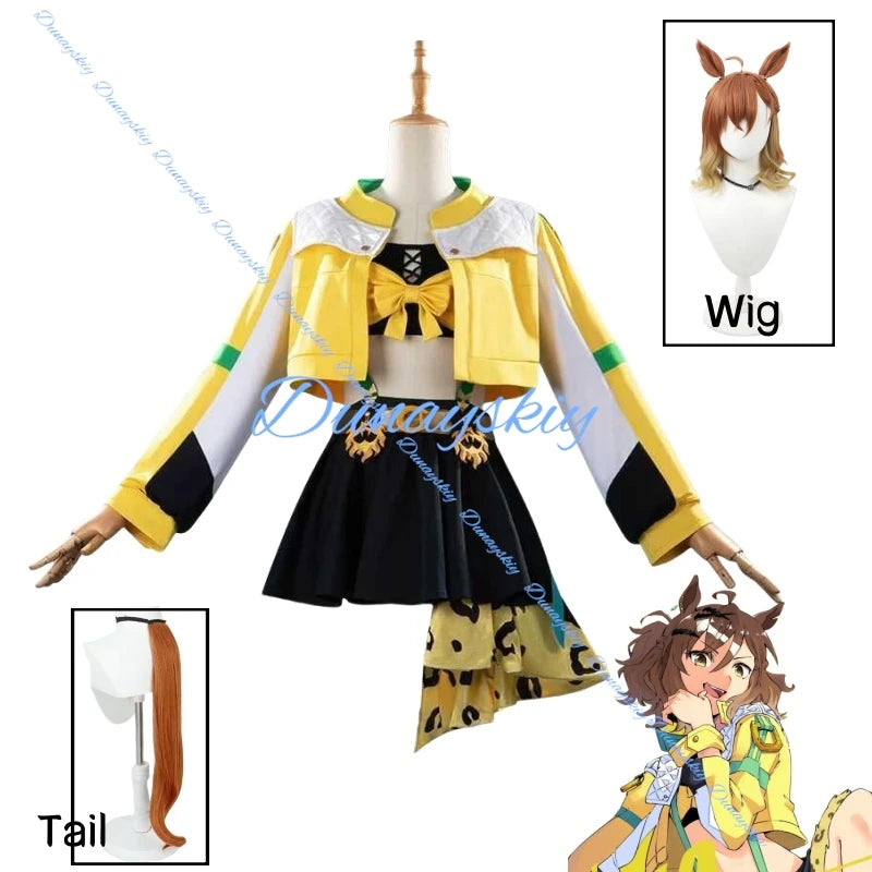 Game Umamusume Pretty Derby Jungle Pocket Cosplay Costume Wig Ear Tail Jungle Pocket Uniform Dress Yellow Coat Female Halloween