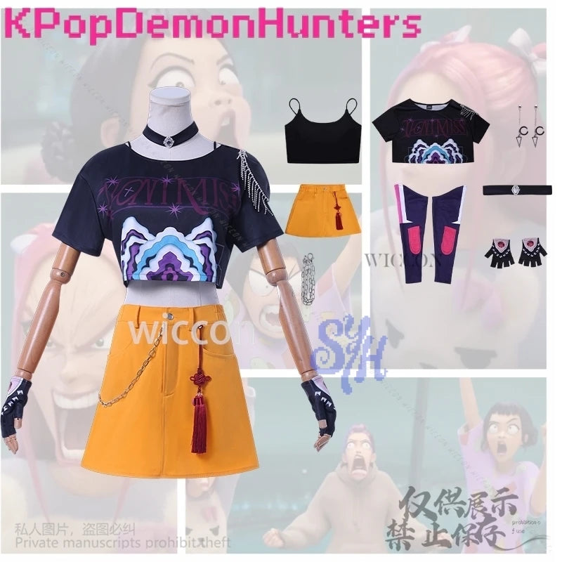 Huntrix Mira Cosplay Anime Movie Demon Kpop Idol Stage Costume Girls Power Groups Cos Mini Dress Jirai Kei Uniform Wig Halloween