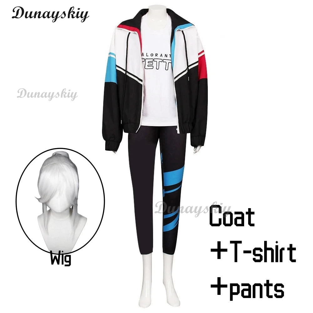 Game Valorant Jett Cosplay Costume wig White Jacket Coat T-shirt Outfits Adult Men women Halloween Carnival Suit