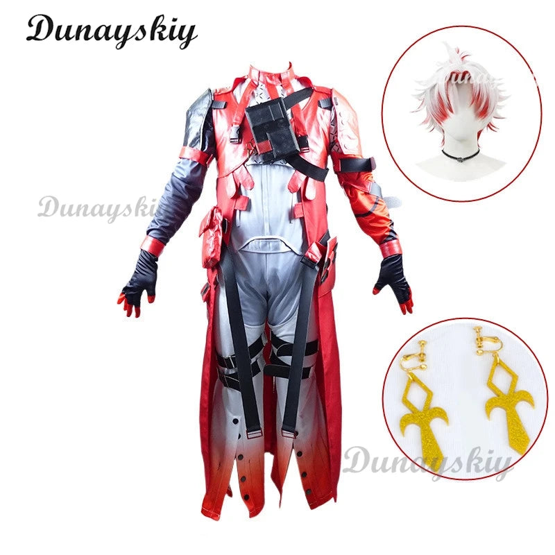 Wuthering Waves Scar Cosplay Costume Wig Men Uniform Headwear Earrings Electro Congenital Resonator Red Cortex Halloween Party