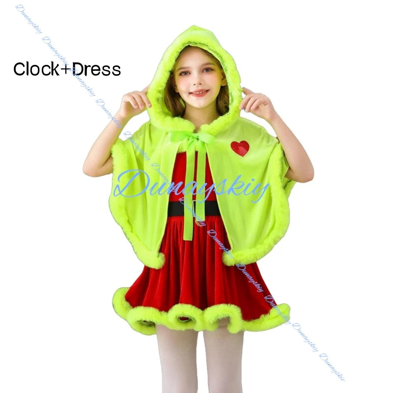 Kids Themed Christmas Costume Dress Green Cape Red Dress Style Santa Children Clothing Christmas Party Outfit costume