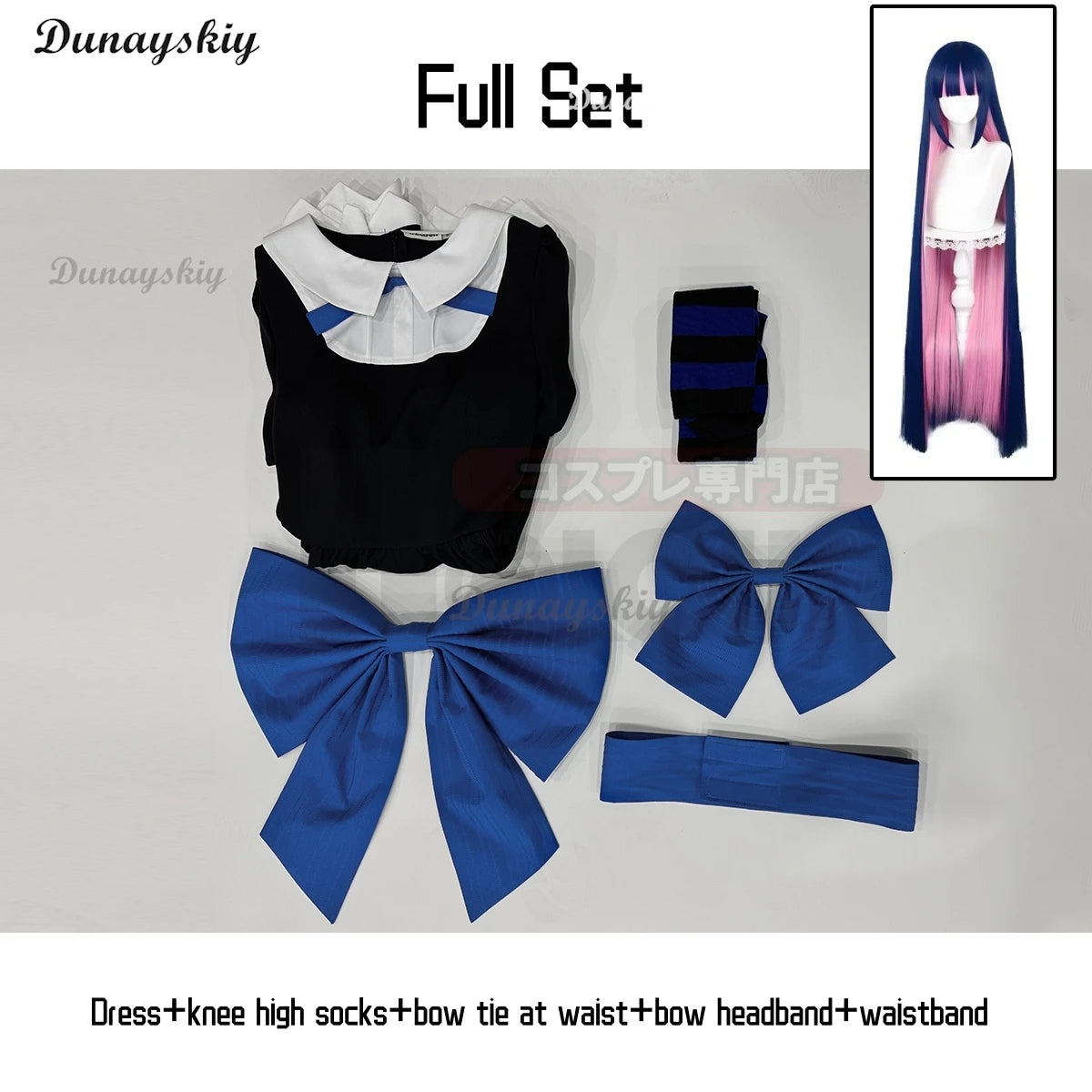 Anarchy Black Dress Blue Bow Anime Panty & Stocking Garterbelt Cosplay Costume Wig Stockings Bowknot Cos Convention Customized