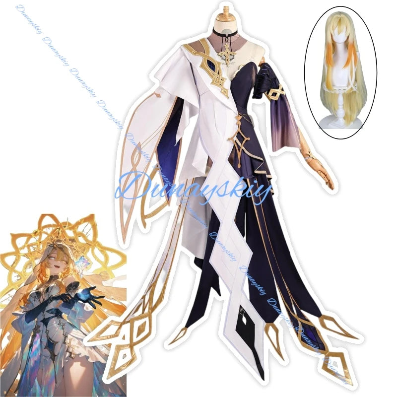 Genshin Impact Rhinedottir Naberius Cosplay Costume Dress Wig Uniform Headwear Four Shades Halloween Party for Women Girls Prop