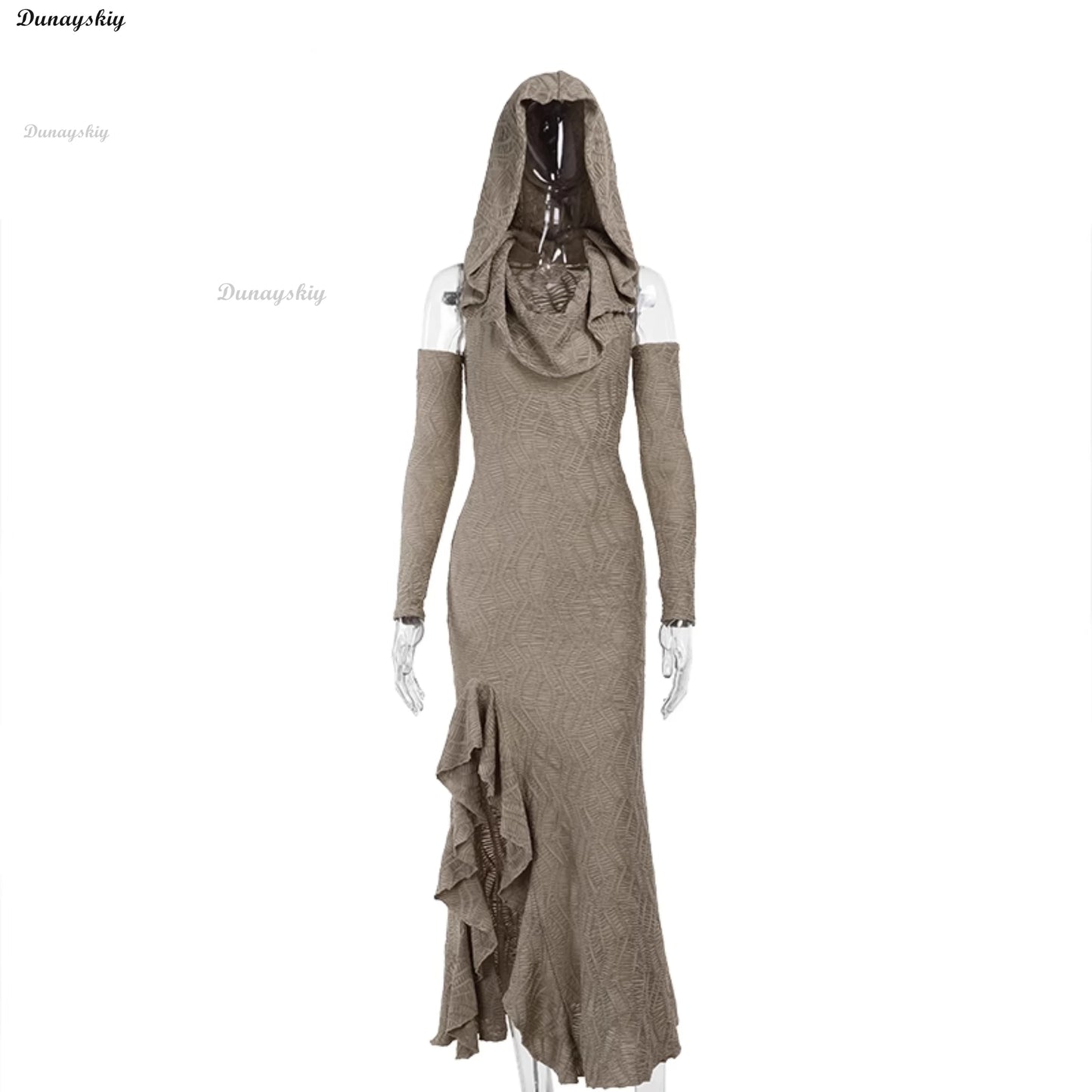 Y2k Dress Sexy Pleated Dune Wasteland Style Solid Color Hooded Hip Skirt Exotic Design Hot Girl Fashion Versatile Long Skirt