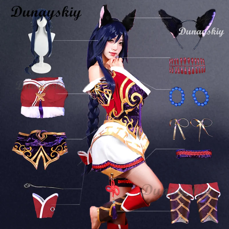 LOL: Ahri Champion Nine Tails Wildd Riftt Game Cosplay Costume Wig Ahri Red Dress Halloween Cosplay