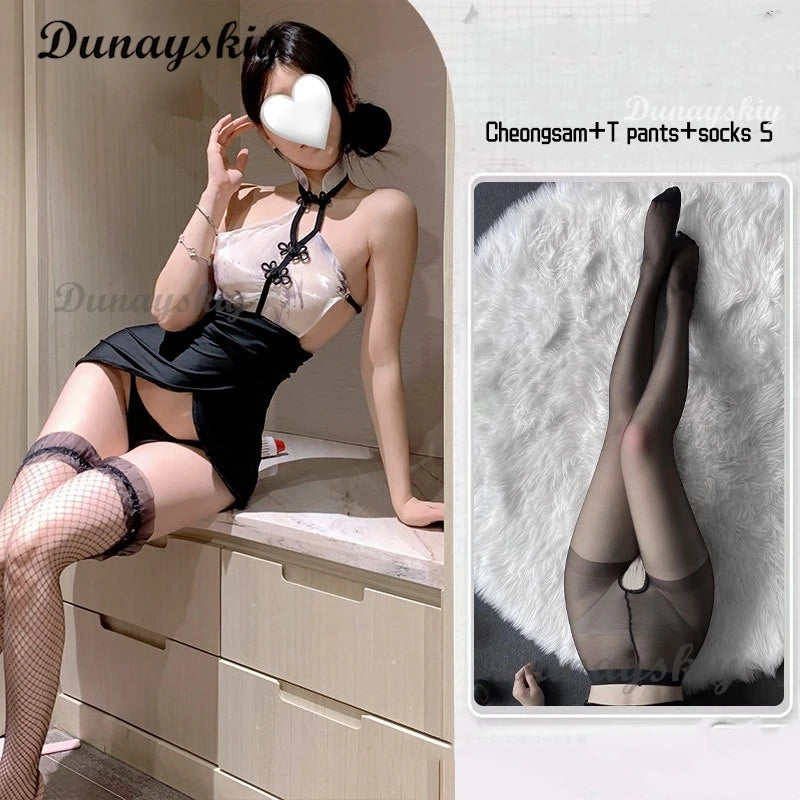 Chinese Style Mini Cheongsam Print Sexy Lingerie Teddy Nightgown Sexy Office Secretary Uniform Lace See Through High Split Dress