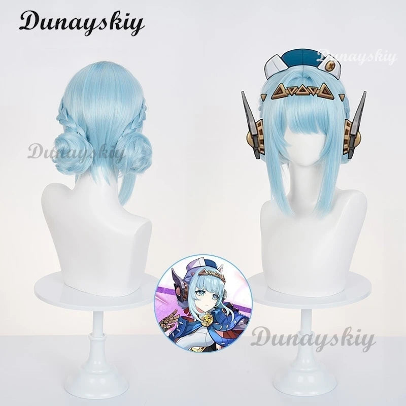 Genshin Impact Ineffa Cosplay Wig Light Blue Double Braid Bun Hair Wigs For Women Gilrs Vanilla Planifolia Carnival Free Wig Cap