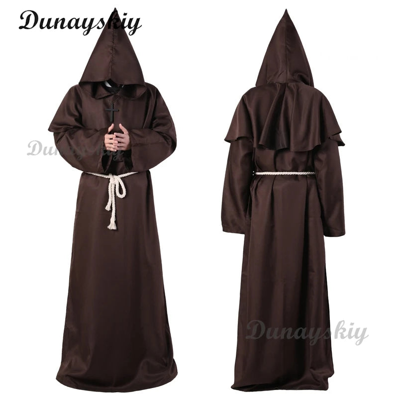 Medieval Hooded Robe New Wizard Costume Halloween Cosplay Costume Monk Friar Robe Priest Costume Ancient Clothing Christian