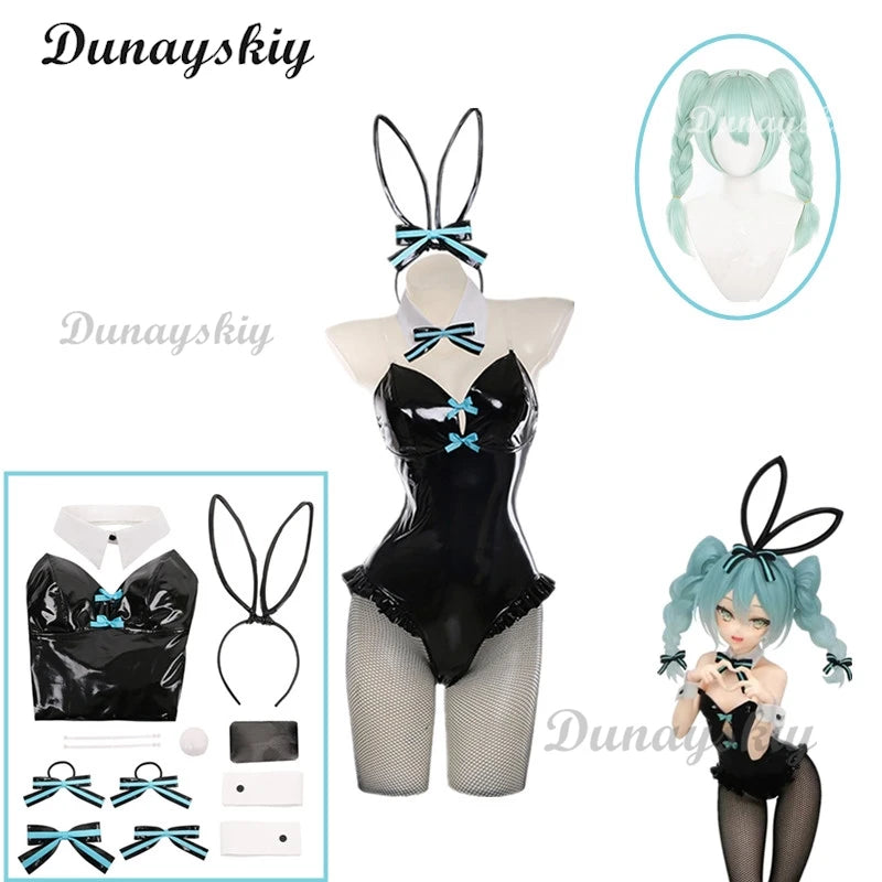 Anime Chuyin Rabbit Cosplay hole Black Leather Bunny Girl Sexy Cute Halloween Cosplay Costume Headdresses Clothes Bows girl Wig