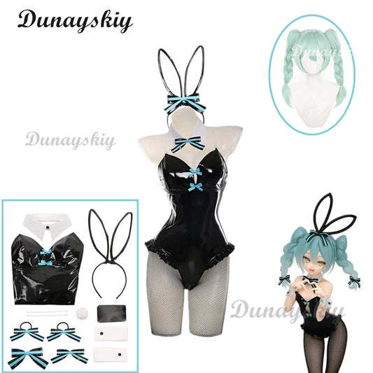 Anime Chuyin Rabbit Cosplay hole Black Leather Bunny Girl Sexy Cute Halloween Cosplay Costume Headdresses Clothes Bows girl Wig