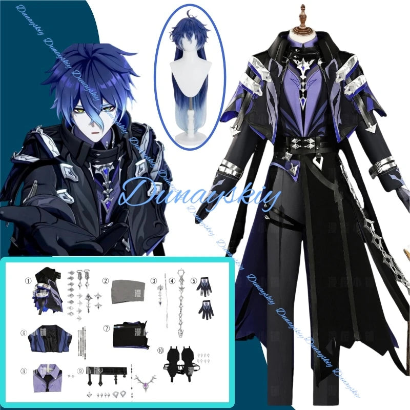 Genshin Impact Flins Cosplay Costume Wig Black Suits Coat Props Full Set Outfit UniformKyryll Chudomirovich Halloween Carnival