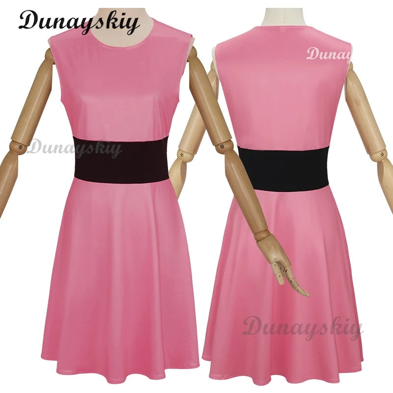 Powerpuff Cosplay Girls Costume Dress Set Blossom Buttercup Bubbles Costume Dress Women  Belt Set Halloween Fancy Dress