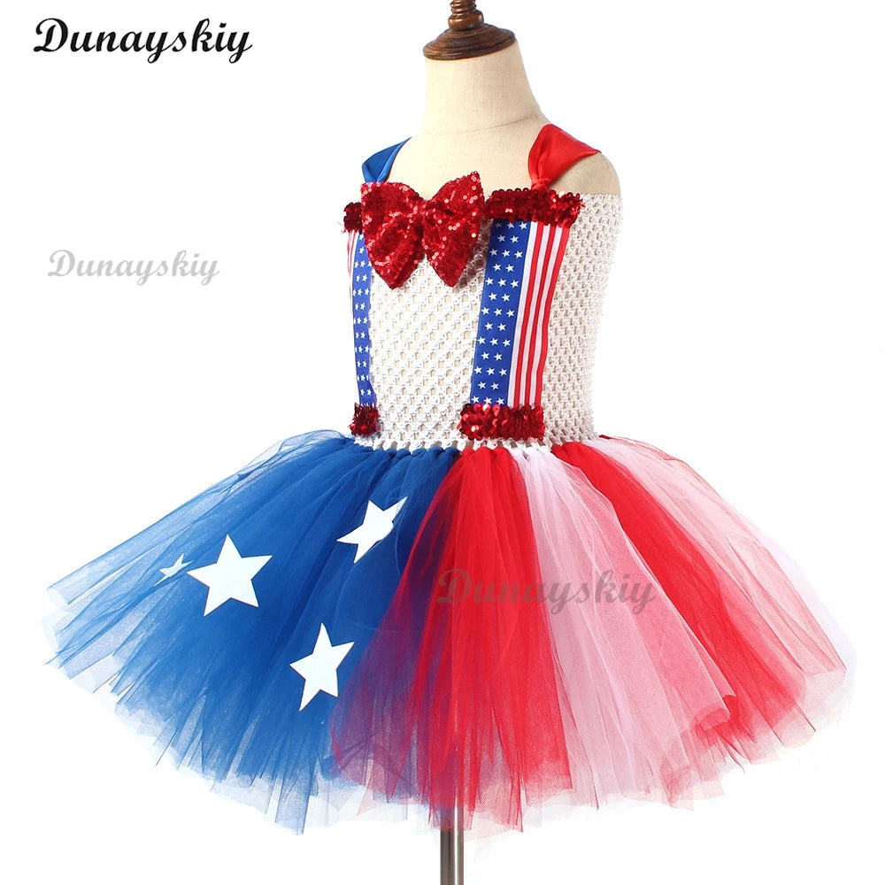 American Flag Sequin Bow Cosplay Costume Girls Tutu Dress USA Independence Day Stars Carnival Holiday Outfit Patriotic Clothes