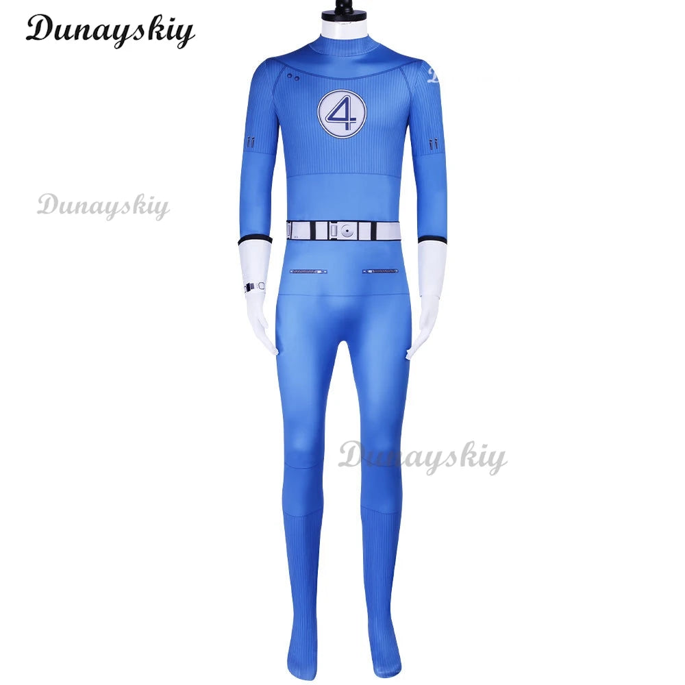 Movie Fantastic Four Cosplay Costume Thunderbolt Fire Blue And White Jumpsuit Superhero Halloween Party Invisibility Jumpsuit