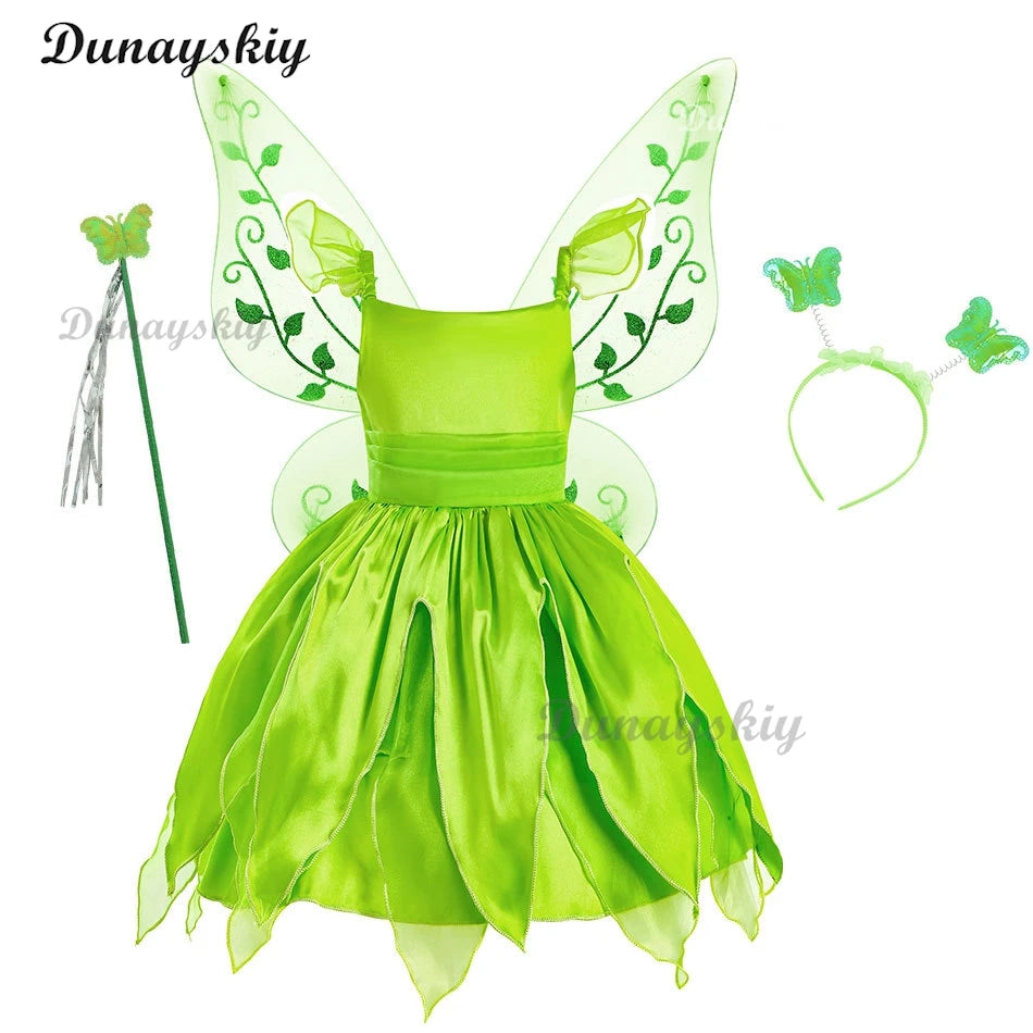 Fancy Girl Flower Fairy Tinker Green Wing Dress Bell Halloween Peter Pan Elf Cosplay costumes Masquerade Party Gowns