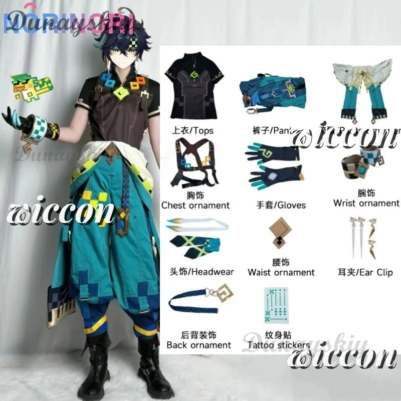 Genshin Impact Kinich Cosplay Costume Wig Turnfire Hunt Uniform Earring Sticker Props Huitztlan Natlan Halloween Party Women Men