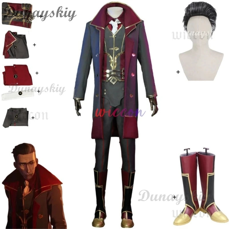 Game LOL Arcane Silco Cosplay Costume Anime Military Uniform Trench Coat Boot Wig Adult Man Halloween Christmas Party Suit