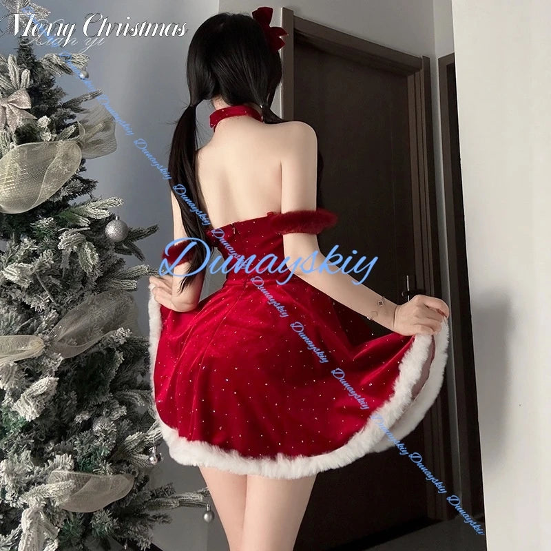 Sexy Velvet Christmas Costume Red Dress Role-playing Dreamy Festive Outfit Women's Modern Dance Special Use Clothing