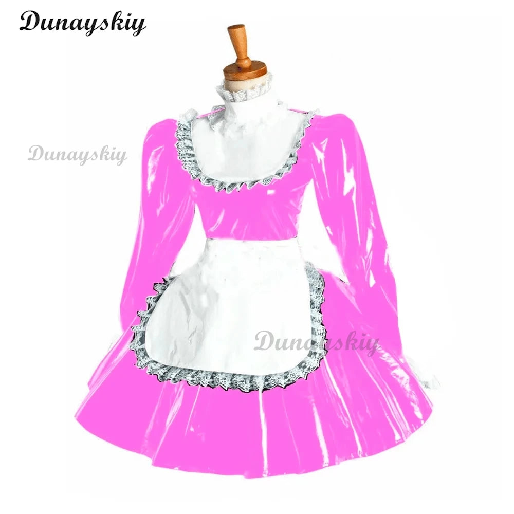 Puff Long Sleeve Gothic Mini Dress Cosplay Women Lolita Bowknot Lace Apron Dress PVC Wetlook Maid Cosplay Halloween Maid costume