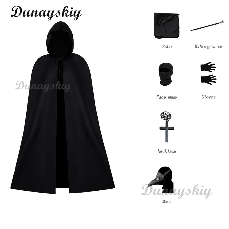 Doctor Schnabel Cosplay Cloak Plague Costume Medieval Long Beak Mask Robe Cross Woman Man Black Trench Halloween