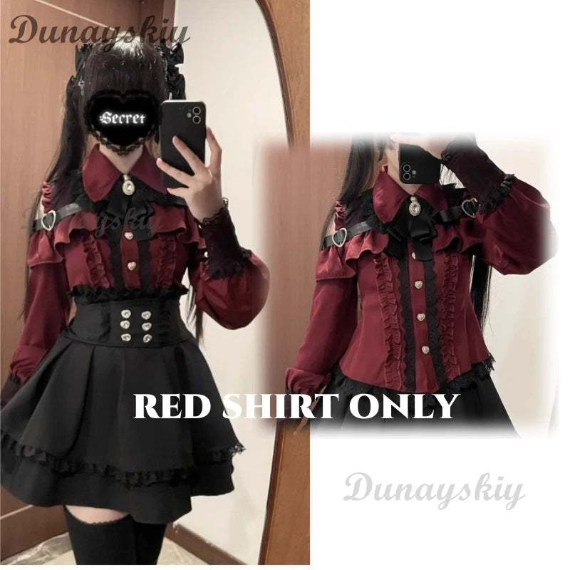 Jirai kei Outfit Lolita Girls Shirt Skirt Set Women Kawaii Bow Long Sleeve Y2K Casual Aesthetic Shirt Japanese Style Women