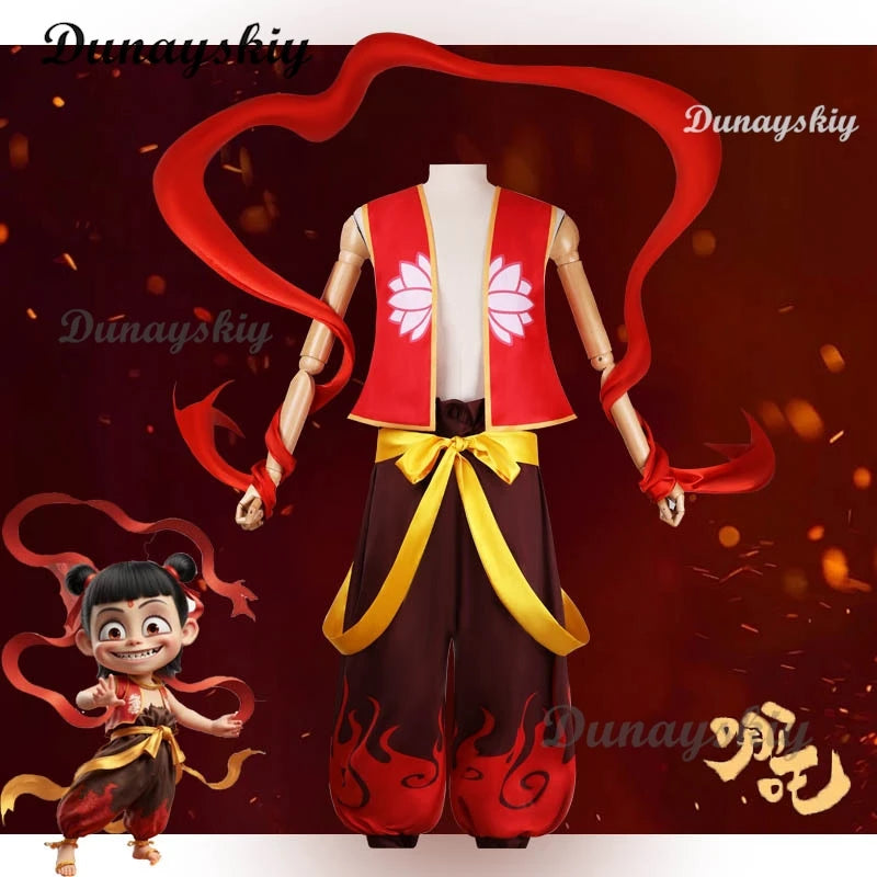 Movie Nezha Cosplay Nezha Birth of The Demon Child Cosplay Costume Red Top Outfits Ribbon Halloween Performance Cos Costumes