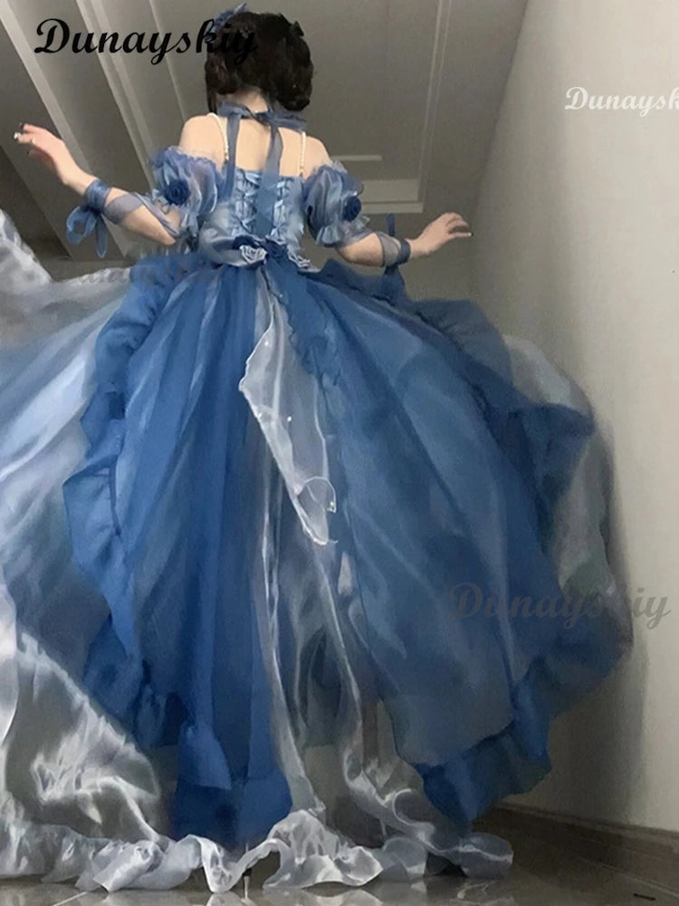 Blue Flower Wedding Dress Cos Lolita Dress Lolita Heavy Industry Trail Puffy Princess Dress Bow Lolita Cosplay Customized