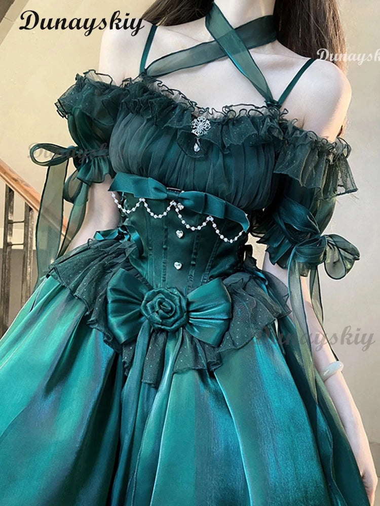Exquisite Elegant Green Lolita Dress High Waist Slim Fit Bow Off -The-Shoulder Neck Suspender Dress Wedding Dress Customized