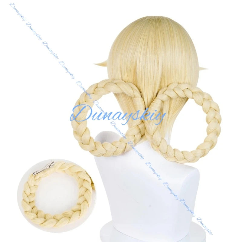 Genshin Impact Jahoda Cosplay Wig Golden Double Braids Heat Resistant Fiber Hair Halloween Party for Women Girls Cos Prop