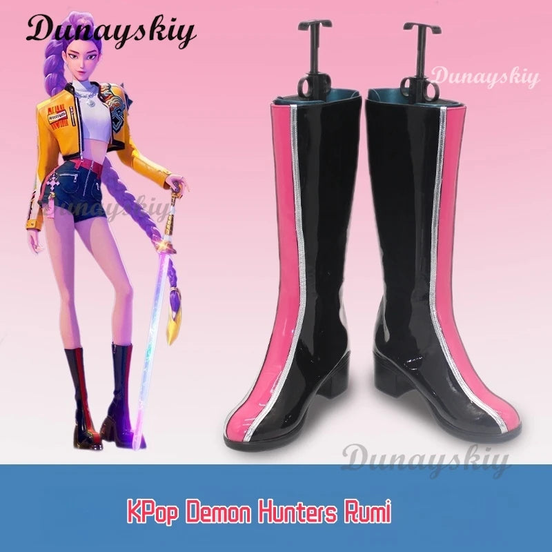 Anime Movie KPOP Demon Hunters Rumi Cosplay Shoes Boots Black PU Leather Boots For Women Men Halloween Carnival Party Props