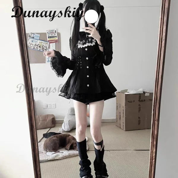 Jirai Kei Fashion Gothic Vintage Hot Girl Patchwork Dress Lolita Y2k Skinny Design Evening Party Dress Female Lace Chic Outfits