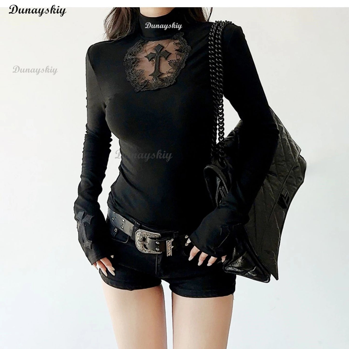 Black Gothic Lace Trim Long Sleeve T-Shirts Women Vintage Sexy Lace-up Square Collar Tops Japanese Fashion Y2k Subculture Tees