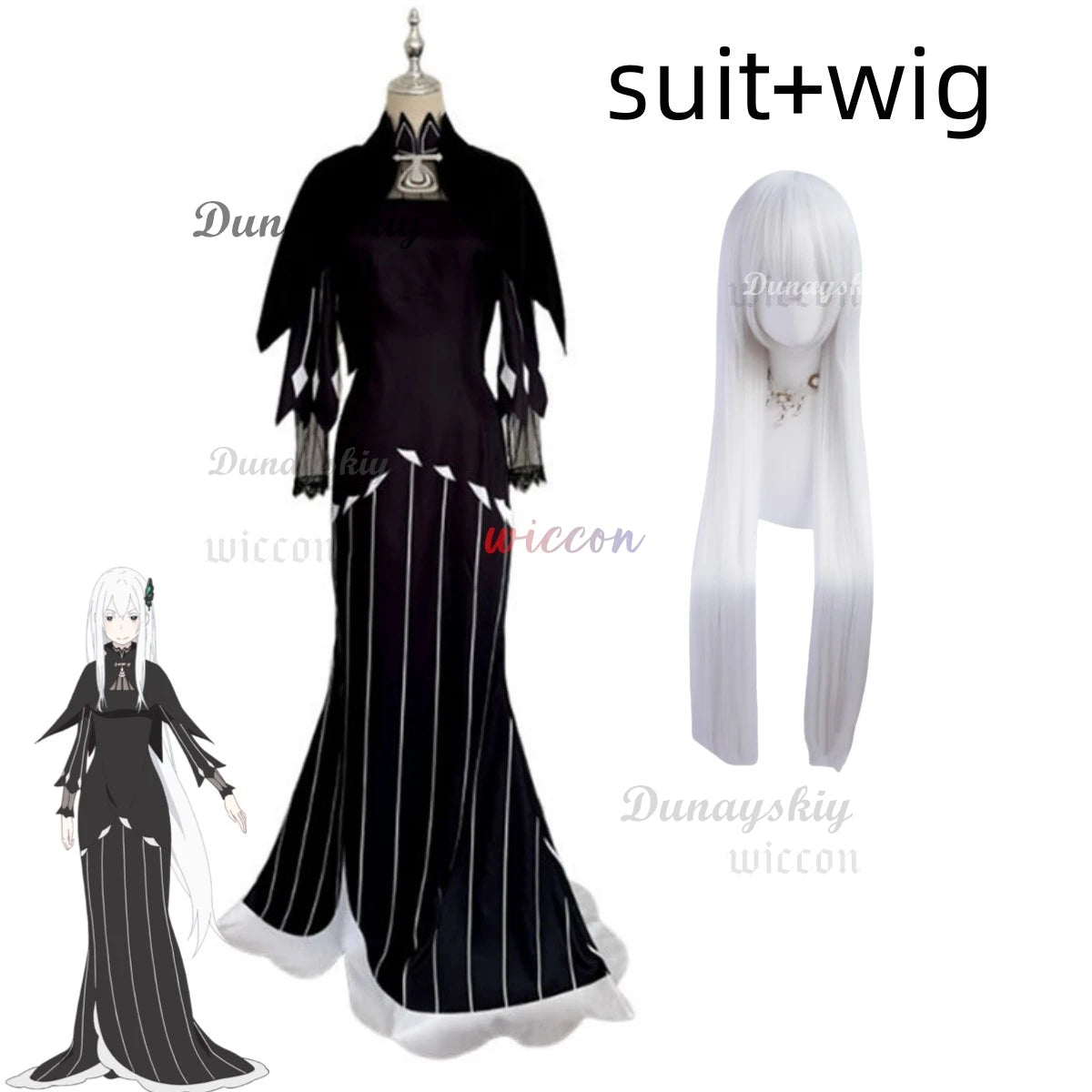 Anime Re:Life in A Different World From Zero Echidna Cosplay Costume Black Evening Dress Long Skirt Wig Woman Sexy Carnival Suit