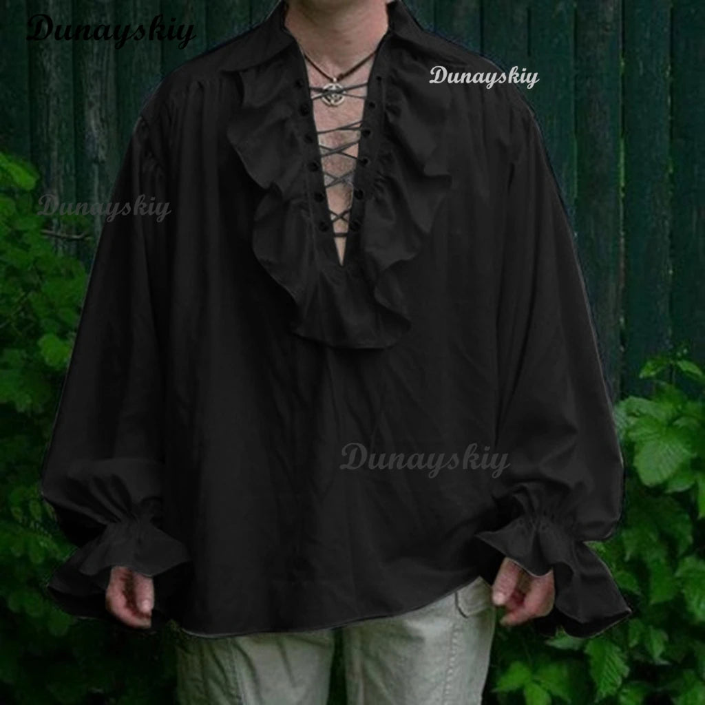 Medieval Adults Renaissance Costume Ruffled Shirts Long Sleeve Lace Up Steampunk Pirate Men Shirt Cosplay Stage Costume forWomen