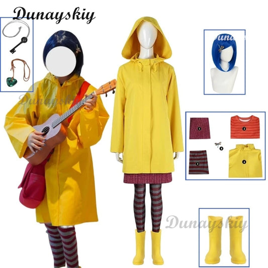 Coraline Cosplay Costume Wig Prop Horror Fairytale Movies Yellow Coat Secret Door Adult Halloween Party Customized