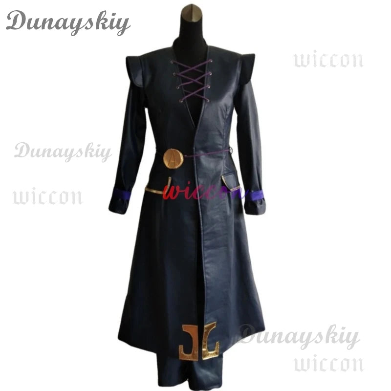 Anime JOJO's Bizarre Adventure Golden Wind Leone Abbacchio Cosplay Costume Black PU Long Coat Uniform Wig Man Carnival Suit