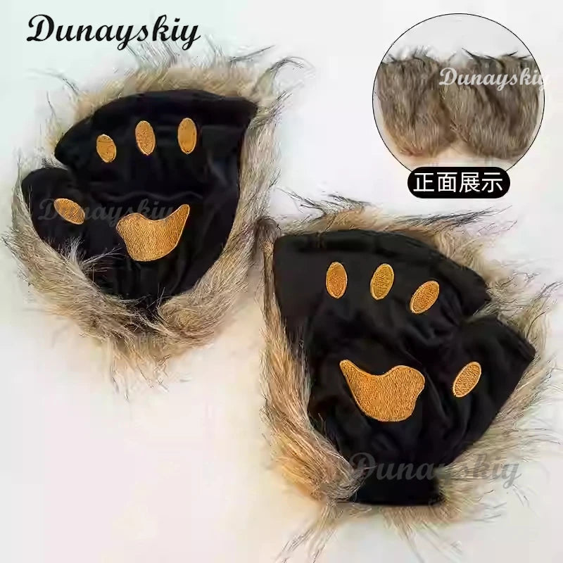 Fluffy Fur Fox Ear Headpiece Tail Cat Claw Glove Headband Necklace Cute Fox Japanese Anime Cosplay Costume Accessory Halloween
