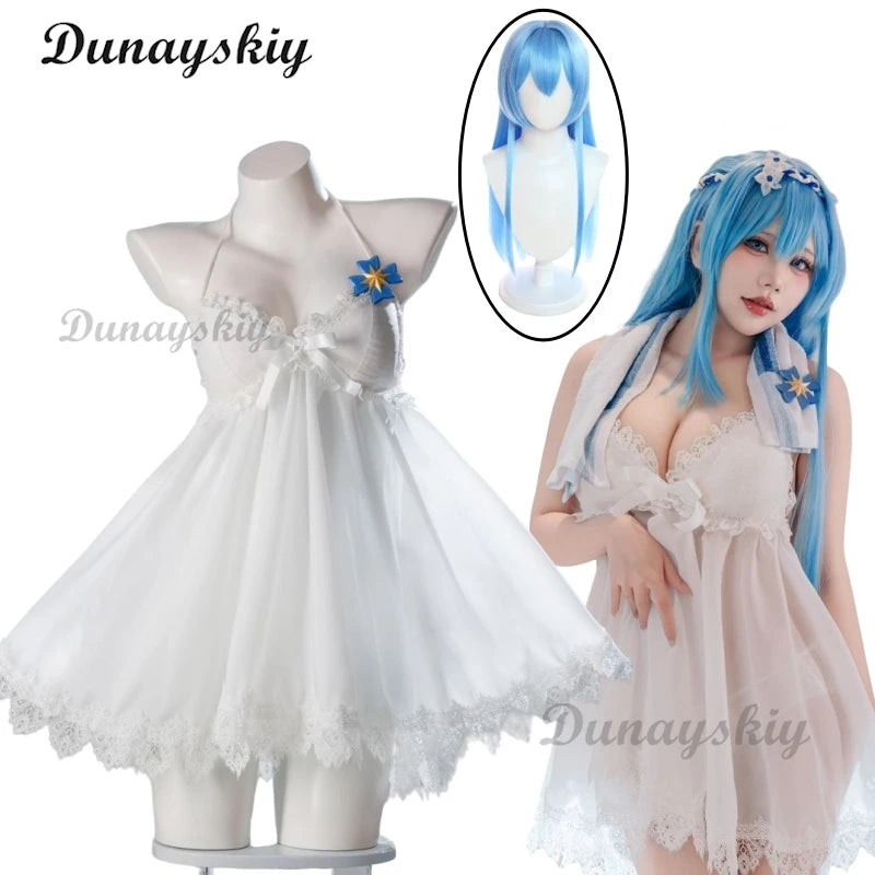 NIKKE：The Goddess of Victory Helm After Bath Sexy White Sleeping Dress Cosplay Costume Wig Halloween Carnival Sweet Dress Women
