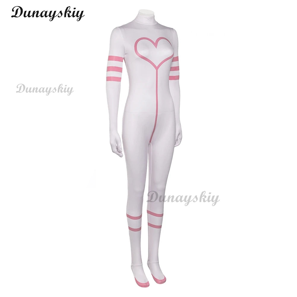 Angel Dust Cosplay Pink White Costume Wig Hazbin Rolelpaly Hotel Leather Tight Fitting Jumpsuit Outfiits Women Halloween Party