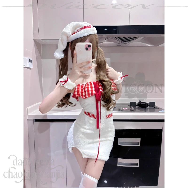 Cute Fluffy Plaid Lace Halter Off-shoulder Bodycon Mini Dress Kawaii White Lolita Cos Original Design Christmas Event Party