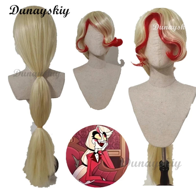 Hazzbin Cherry Bomb Wig Anime Cosplay Rainbow Color Hair Hotel Woman Cosplay Pre Crimped Wig Hair Heat Resistant