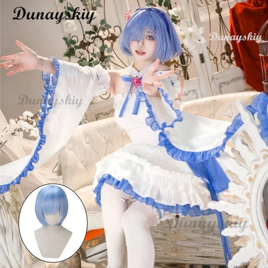 Anime Re:Life in a Different World Rem Cosplay Crystal Maid Uniform Costume Wig Anime Lolita Girls Role Play Haedwear Dress
