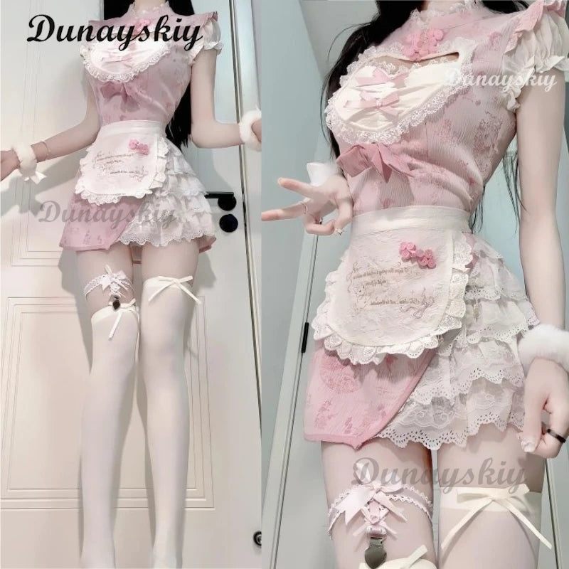 2025 New Chinese Style Pink Qipao Maid Dress - Modern Cheongsam Cosplay Sexy Costume Halloween Conventions