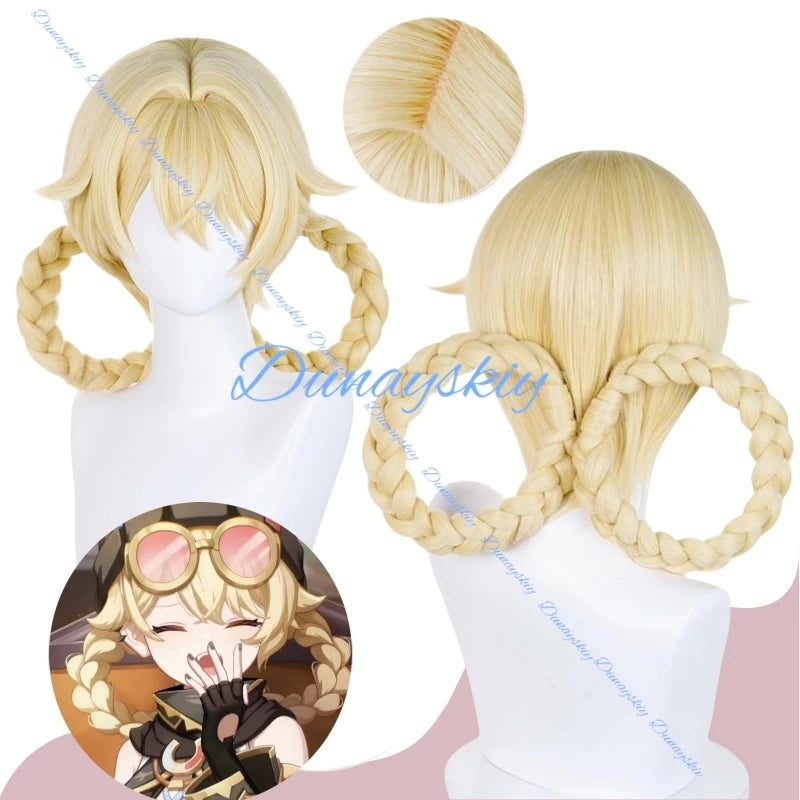 Genshin Impact Jahoda Cosplay Wig Golden Double Braids Heat Resistant Fiber Hair Halloween Party for Women Girls Cos Prop