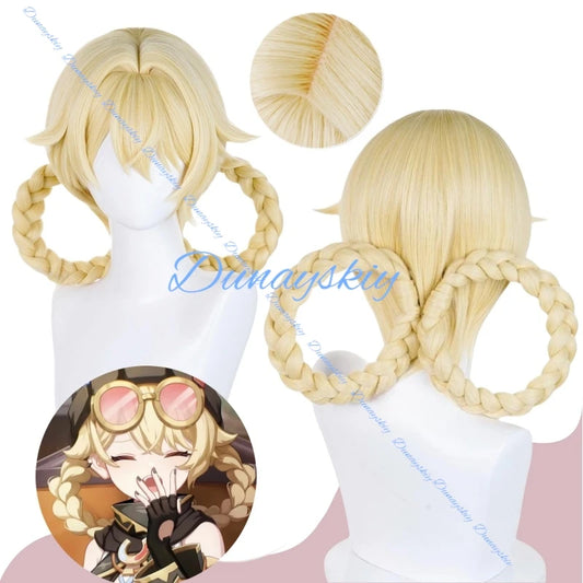 Genshin Impact Jahoda Cosplay Wig Golden Double Braids Heat Resistant Fiber Hair Halloween Party for Women Girls Cos Prop