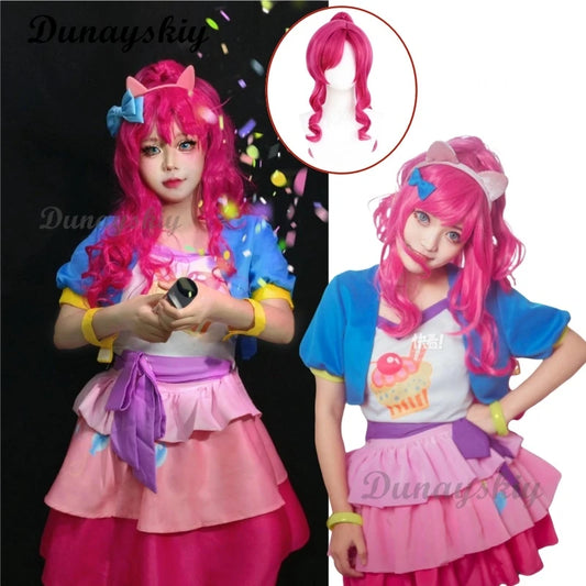 Anime Pinkie Pie Cos PP Pinkamena Diane Pie Cosplay Personification My Little Cos Cute Lovely Pink Pony Wig Wavy Curls Party