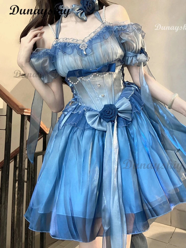Blue Flower Wedding Lolita Dress Light Lo on the Run Elegant Big Lady Beautiful Puff Short Skirt Fairy Princess Party Customized